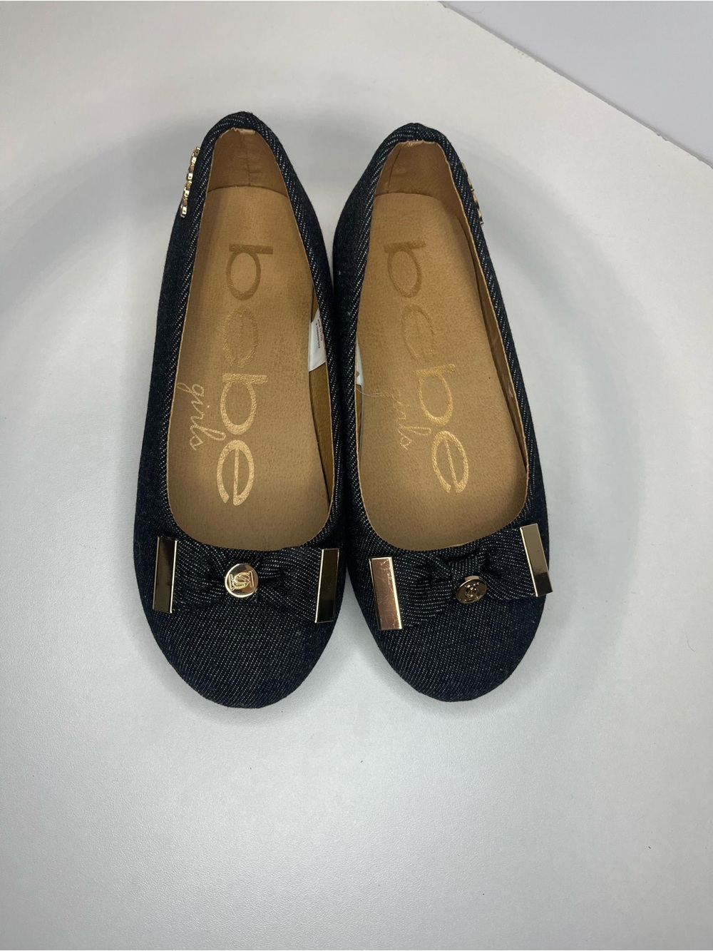 bebe Girls size 1 Dark Blue Denim Ballet Flats Gold tone accents